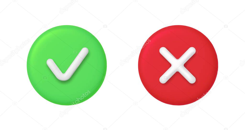 3D Right and Wrong Button in Round Shape. Green Yes and Red No Correct Incorrect Sign. Checkmark Tick Rejection, Cancel, Error, Stop, Negative, Agreement Approval or Trust Symbol. Vector Illustration eps 10
