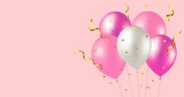 Bouquet, bunch of realistic 3d ballons serpentine, confetti. Vector illustration for card, party, design, flyer, poster, decor, banner web advertising Eps 10