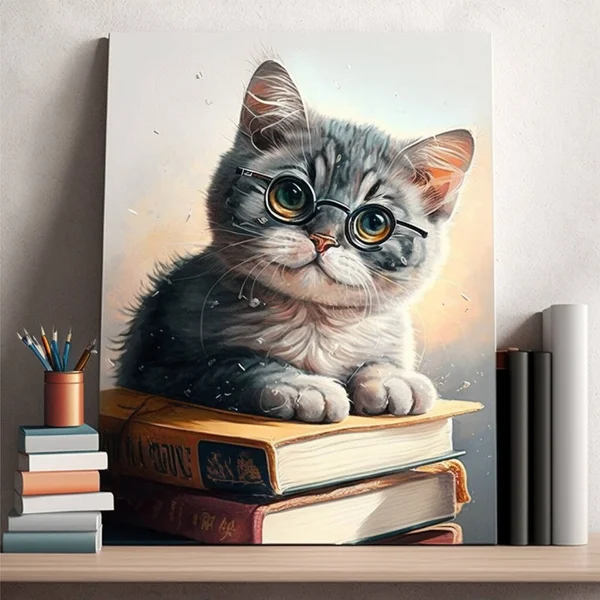 Cute little cat with books on light background ps 10