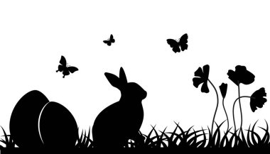 Easter illustration with rabbit and grass and eggs.Easter Background with rabbit and easter eggs. Silhouette vector graphics. Eps 10