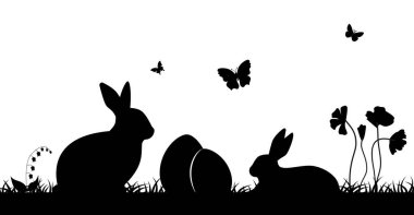Easter illustration with rabbit and grass and eggs.Easter Background with rabbit and easter eggs. Silhouette vector graphics. Eps 10