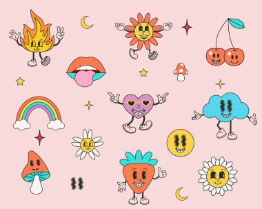 Retro elementlerle ayarlandı. 70 'lerin tarzında karakterler ve elementler. Hippie, psychedelic, groove, retro ve vintage tarzı renkli arka plan. Vektör çizimi. Eps 10