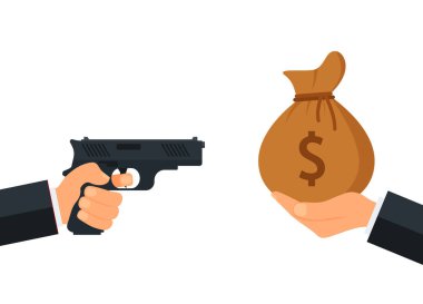 Soygun konsepti. El ele tutuşmak ve başka bir el para çantası vermek ya da vermek. Düz dizayn EPS10.