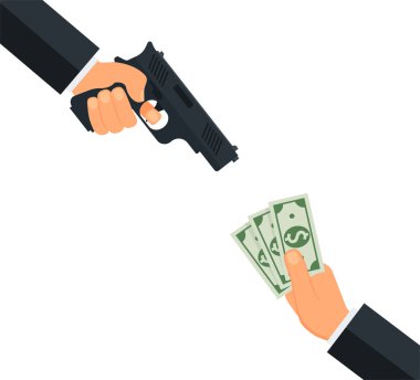 Soygun konsepti. El ele tutuşmak ve başka bir el para çantası vermek ya da vermek. Düz dizayn EPS10.