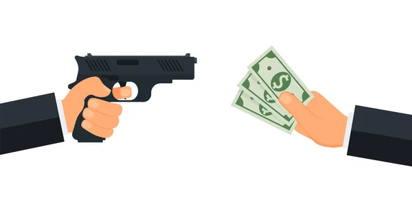 抢劫的概念 手拿着手枪 另一只手拿着或拿出钱袋 平面设计Eps10 — 图库矢量图片