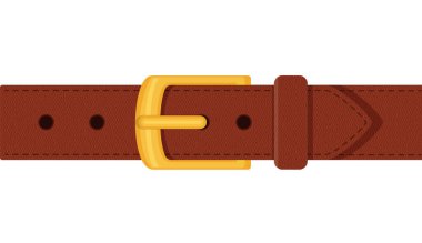Beyaz arka planda izole edilmiş düğmeli tokalı kahverengi kuşak. Giysi elementleri şık aksesuarlar. Çizgi film düz stiliyle kayışların vektör çizimi. Eps 10