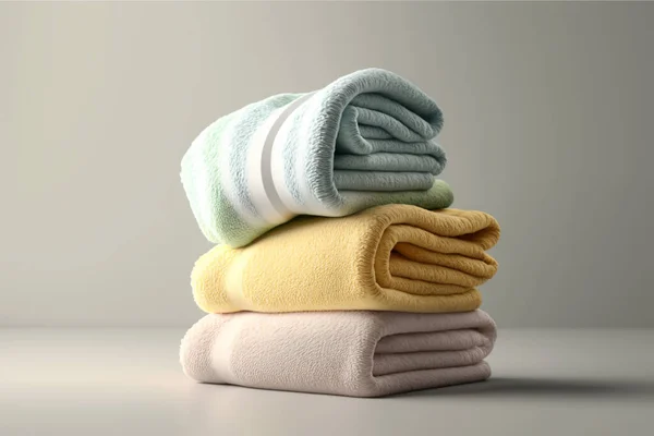 Stack of colorful clothes. Pile of clothing on table empty space background. Laundry and household. Eps 10