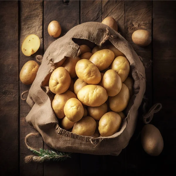 Raw potato food . Fresh potatoes in an old sack on wooden background. Free place for text. Top view eps 10