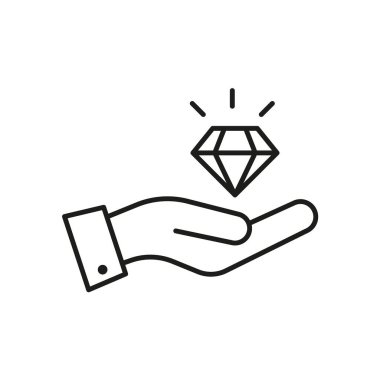 Destek, hediye, yardım tabelaları. Web siteleri, mağazalar, dükkanlar ve diğer tesisler için tek renkli sembol. Düzenlenebilir felç. Elmasların vektör çizgisi simgesi uzanan elin üzerinde. 10 saniye.