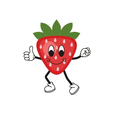 Retro çizgi film meyveli çilek karakteri. Şirin çizgi roman karakterleri olan modern illüstrasyon. Çizgi roman karakterinin el çizimleri. Modaya uygun çizgi film tarzı. 70-80 'lerin retro titreşimleri. 10 saniye.