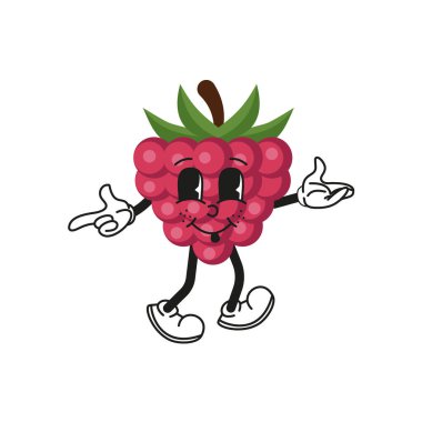 Retro çizgi film meyveli ahududu karakteri. Şirin çizgi roman karakterleri olan modern illüstrasyon. Çizgi roman karakterinin el çizimleri. Modaya uygun çizgi film tarzı. 70-80 'lerin retro titreşimleri. 10 saniye.