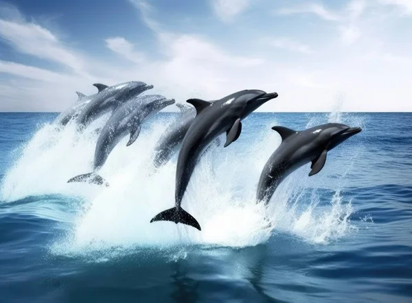 beautiful dolphins jumping over breaking waves. Hawaii Pacific Ocean wildlife scenery. Marine animals in natural habitat. aigenerated