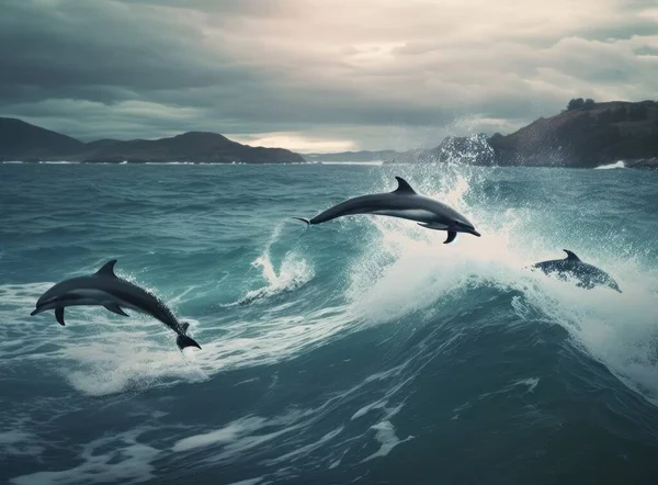 beautiful dolphins jumping over breaking waves. Hawaii Pacific Ocean wildlife scenery. Marine animals in natural habitat.