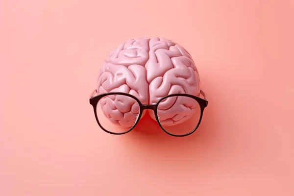 Pink human brain with glasses on pastel pink background. Creative thinking concept. Minimal knowledge, brainstorming, intelligence or business idea layout with copy space. Abstract pop art.