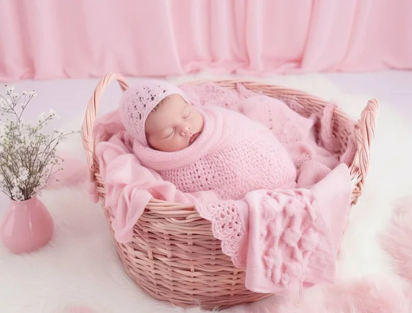 Tiny basket decor for newborn studio photoshoot filled with fur and knitted toy closeup. Infant baby handmade furniture foto