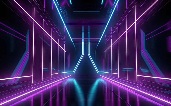 Abstract Futuristic Technology concept. Neon Hexagon Tunnel modern background. Fluorescent ultraviolet glowing light lines. foto