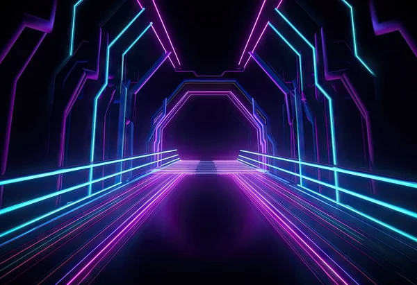 Abstract Futuristic Technology concept. Neon Hexagon Tunnel modern background. Fluorescent ultraviolet glowing light lines. foto