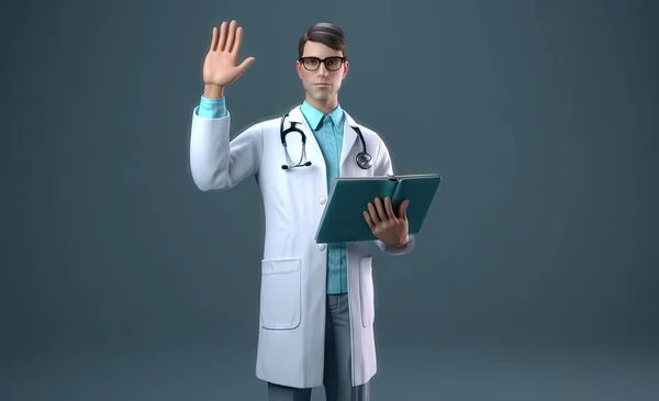 3d render, cartoon character smart trustworthy doctor wears glasses and holds blue clipboard. Professional caucasian male specialist. Medical clip art isolated on blue background. Hospital assistant foto