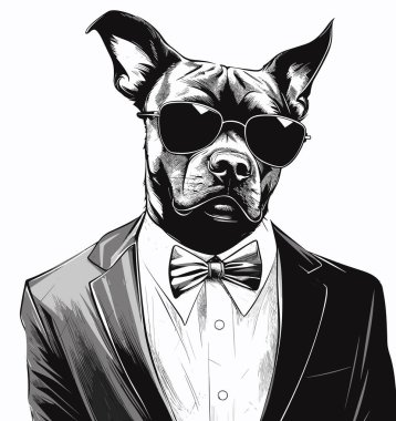 Eski oyma kalem ve mürekkep tarzında Takım Elbise Vektörü Resimleri Giyen Köpek.
