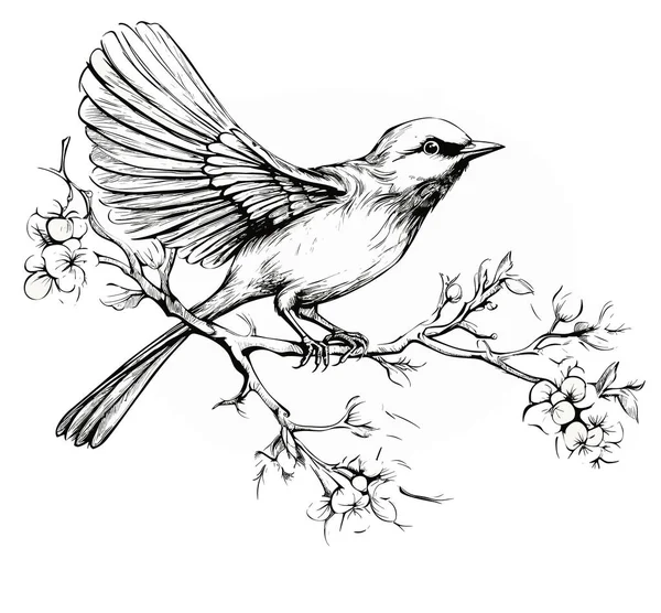 Vogel Der Auf Blühenden Japanischen Quittenzweigen Sitzt Karten Oder Einladungsmotiv — Stockvektor