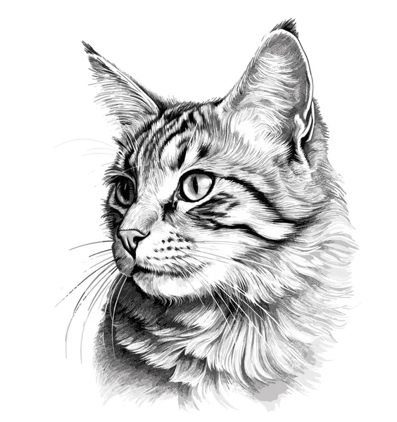 Pluizige Kattenkop Zittend Kijkend Getekend Ruckl Schets Graveerstijl Vectorillustratie — Stockvector