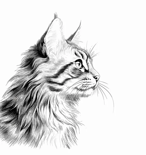 Flauschiger Katzenkopf Sitzend Und Gezeichnete Skizze Stich Stil Vector Illustration lizenzfreie Stockillustrationen