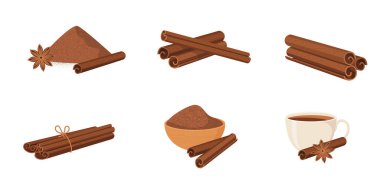 Beyaz arkaplan çiziminde izole edilmiş toz ve yıldız anasonlu tarçın çubukları kümesi