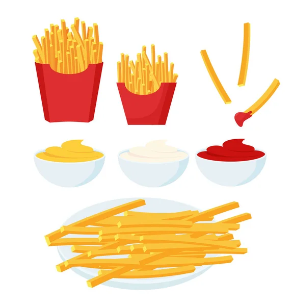 French Fries Set Potato Sticks Paper Packaging Ketchup Mayo Mustard — Stock Vector