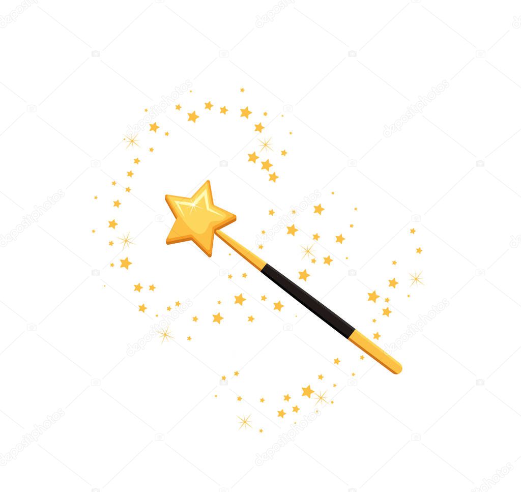 Decorative magic wand with a magic trace. Star shape magic accessory. Magical girl cartoon power. Vector illustration isolated on white background. Web site page and mobile app design