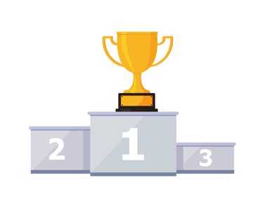 Altın kupa kazananlar için podyum, yakın plan, beyaz arka plan, vektör rengi illüstrasyonu, tasarım