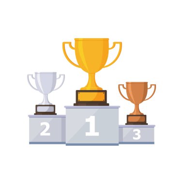 Altın kupa kazananlar için podyum, yakın plan, beyaz arka plan, vektör rengi illüstrasyonu, tasarım