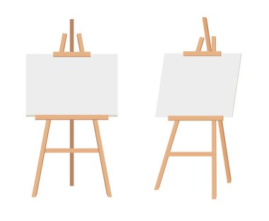 Boş beyaz tuvalli gerçekçi boya masası. Tahta sehpa ve çizim kağıdı. Vektör illüstrasyonu