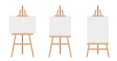 Boş beyaz tuvalli gerçekçi boya masası. Tahta sehpa ve çizim kağıdı. Vektör illüstrasyonu