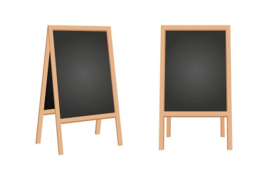 Kaldırım tahtası. Ahşap çerçeveli açık restoran tahtasıyla. Boş kafe mesaj sehpası vektörü izole edilmiş. Menü restoranının reklam panosu illüstrasyonu için yazı tahtası boş çerçevesi