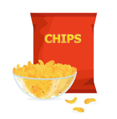 Patates cipsleri paketin içinde uçuyor, vektör gerçekçi atıştırmalıklar paketi. Gıda ve içecek işi için tasarım illüstrasyon simgesi, patates aperatifi markalaştırma unsuru vektörü.
