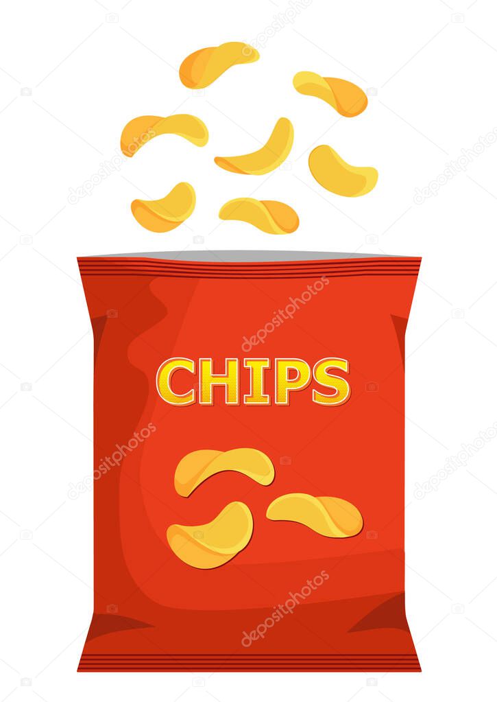 Crispy ripple potato chips flying into pack, vector realistic snacks package. design illustration icon for food and beverage business, potato snack branding element logo vector.