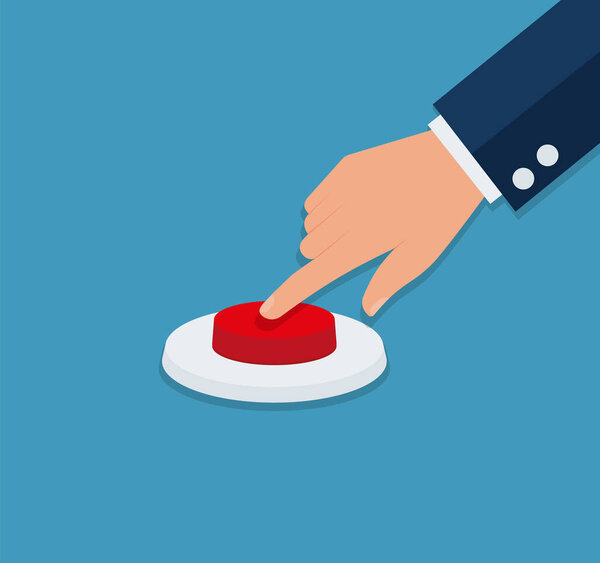 Hand pressing red button, top view, flat style cartoon flat style isolated vector business concept