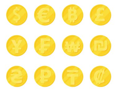 Altın paralar. Ülke ve kripto altın sikke seti, 3d bitcoin euro dolar ruble yuan sarı finans vektör illüstrasyonu, farklı dünya parası döviz bürosu tabelaları