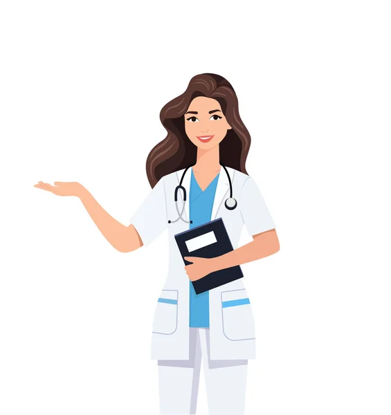 Vrouwelijk Karakter Artsen Ziekenhuis Checkup Patiënt Gezond Behandeling Personeel — Stockvector