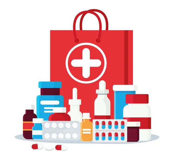 Pharmacy Set Items Medicines Medical Products Vector Illustration Flat Cartoon — Stock Vector