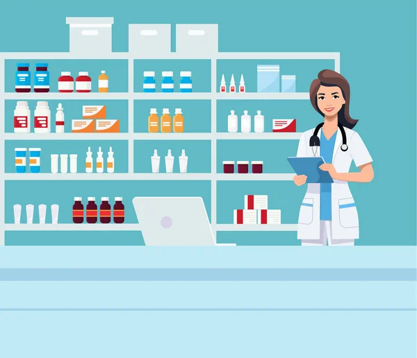 Pharmacy Nurse Counter Drugstore Cartoon Character Design Vector Illustration — Stock Vector