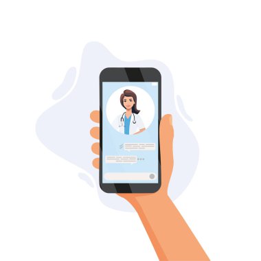 Nline tıp konsepti vektör çizimi. Çizgi film düz insan eli ekranda doktor karakteri için video çağrısı içeren akıllı telefonu beyaz ekranda izole edilmiş mobil danışmanlık veya danışma hizmeti uygulaması kullanarak tutuyor..