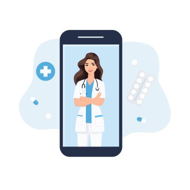 Kadın bir doktorla akıllı telefon ekranı. Çevrimiçi tıbbi hizmetler, danışmanlık ve teletıp konsepti. Beyaz arkaplanda izole edilmiş vektör düz illüstrasyon
