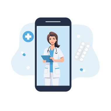 Kadın bir doktorla akıllı telefon ekranı. Çevrimiçi tıbbi hizmetler, danışmanlık ve teletıp konsepti. Beyaz arkaplanda izole edilmiş vektör düz illüstrasyon