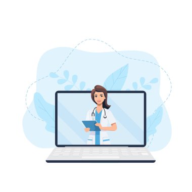 Çevrimiçi tıbbi danışmanlık ve destek. Çevrimiçi doktor. Sağlık hizmetleri, bir doktora sorun. Aile doktoru, dizüstü bilgisayarında steteskop olan bir terapist. Tıbbi Yardım İsteyen İnsanlar.