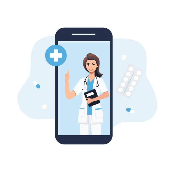 Smartphone Οθόνη Μια Γυναίκα Γιατρό Online Ιατρικές Υπηρεσίες Συμβουλευτική Και — Διανυσματικό Αρχείο