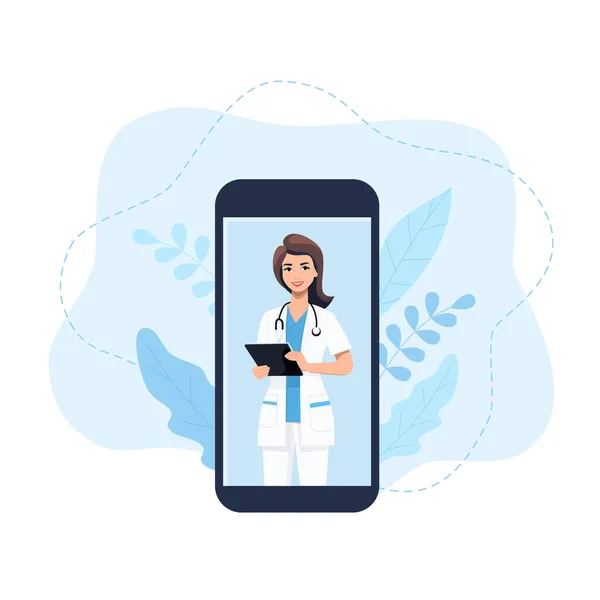 Smartphone Screen Female Doctor Online Medical Services Consultation Telemedicine Concept — Stock Vector
