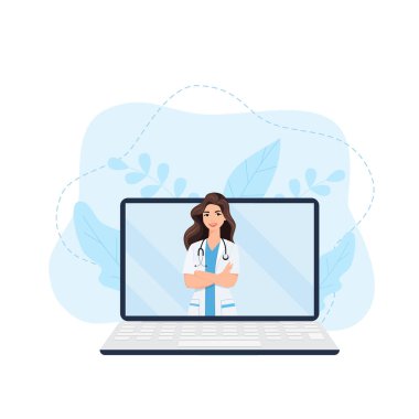 Çevrimiçi tıbbi danışmanlık ve destek. Çevrimiçi doktor. Sağlık hizmetleri, bir doktora sorun. Aile doktoru, dizüstü bilgisayarında steteskop olan bir terapist. Tıbbi Yardım İsteyen İnsanlar.