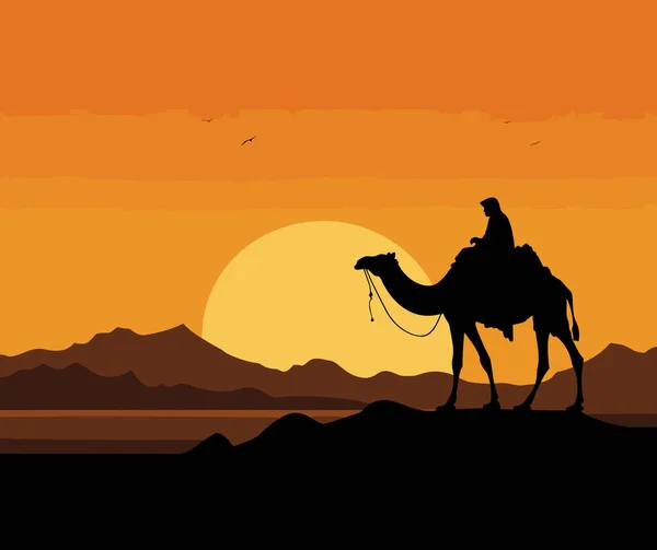 Camel Walking Sunset View Vector Silhouette Camel Caravan Camel Desert — Stock Vector