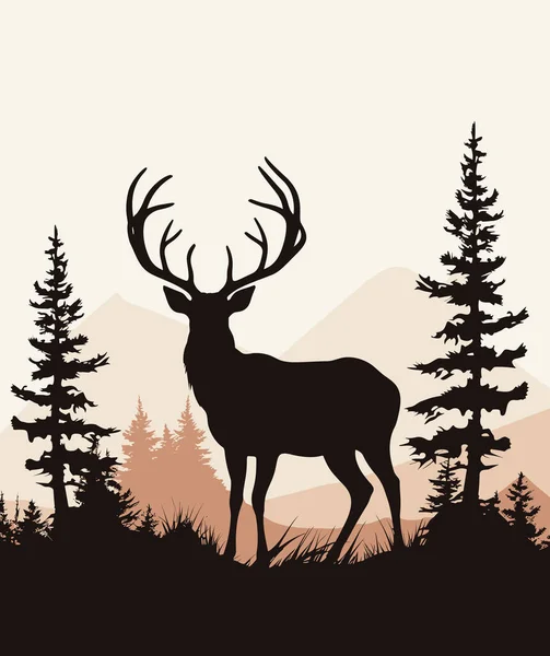 Vector Illustration Landscape Forest Deer — Stock Vector